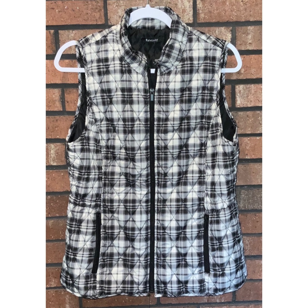 Relativity Womens Quilted Puffer Vest Black White Plaid Cinch Waist Large‎